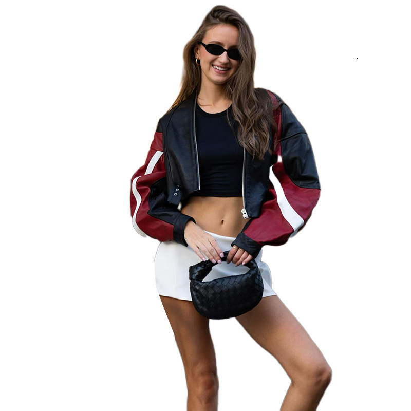 Cross border European and American style 2024 autumn and winter new women's fashion motorcycle collision color slim fit round neck PU leather jac