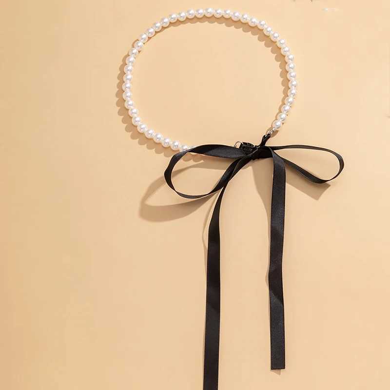 Trend Wedding Party Jewelry Long Black Ribbon Choker Necklace For Women Elegant White Imitation Pearl Beach Vacation NecklacesX241009