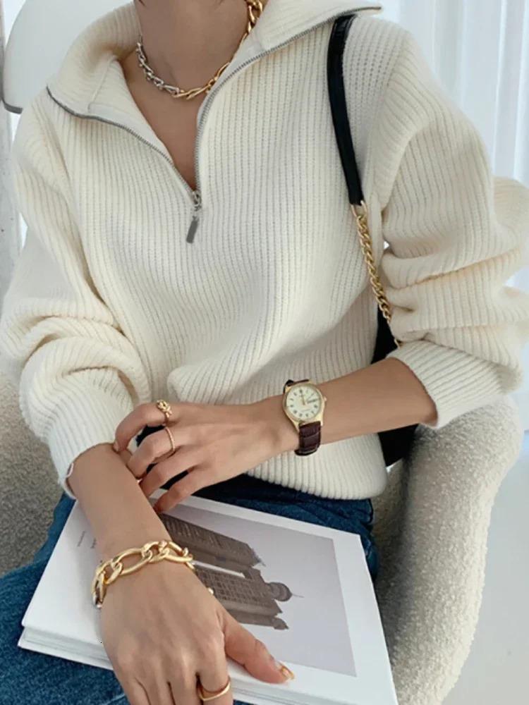 Womens turtle neck zipper fashionable womens sweater solid loose pull long sleeved casual knitted winter 241007