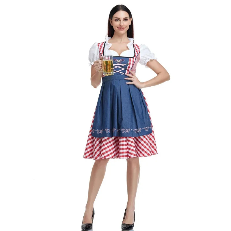 Womens Beer Festival Plaid Dirndl Dress German Bavarian Waiter Role Playing Costume Halloween Carnival Party 241007
