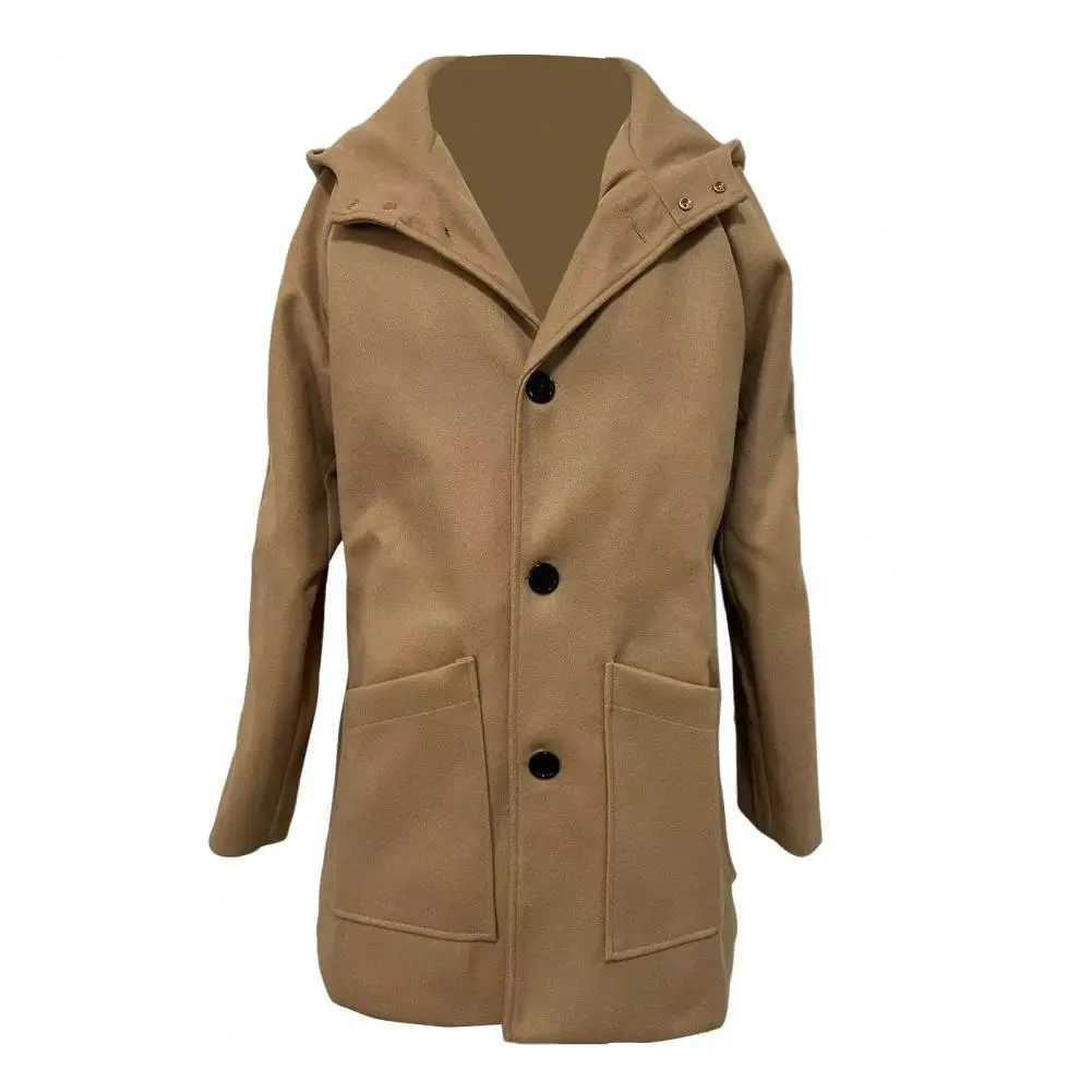 Mid-length Woolen Outwear Stylish Mens Hooded Woolen Coat with Pockets Raglan Sleeve Outwear for Winter Single Breasted LX241010