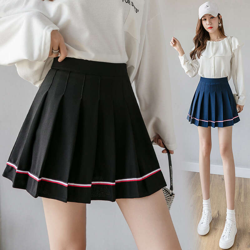Women's pleated with colorful stripes 2024 new high waisted autumn and winter A-line student school style anti glare short pants skirt