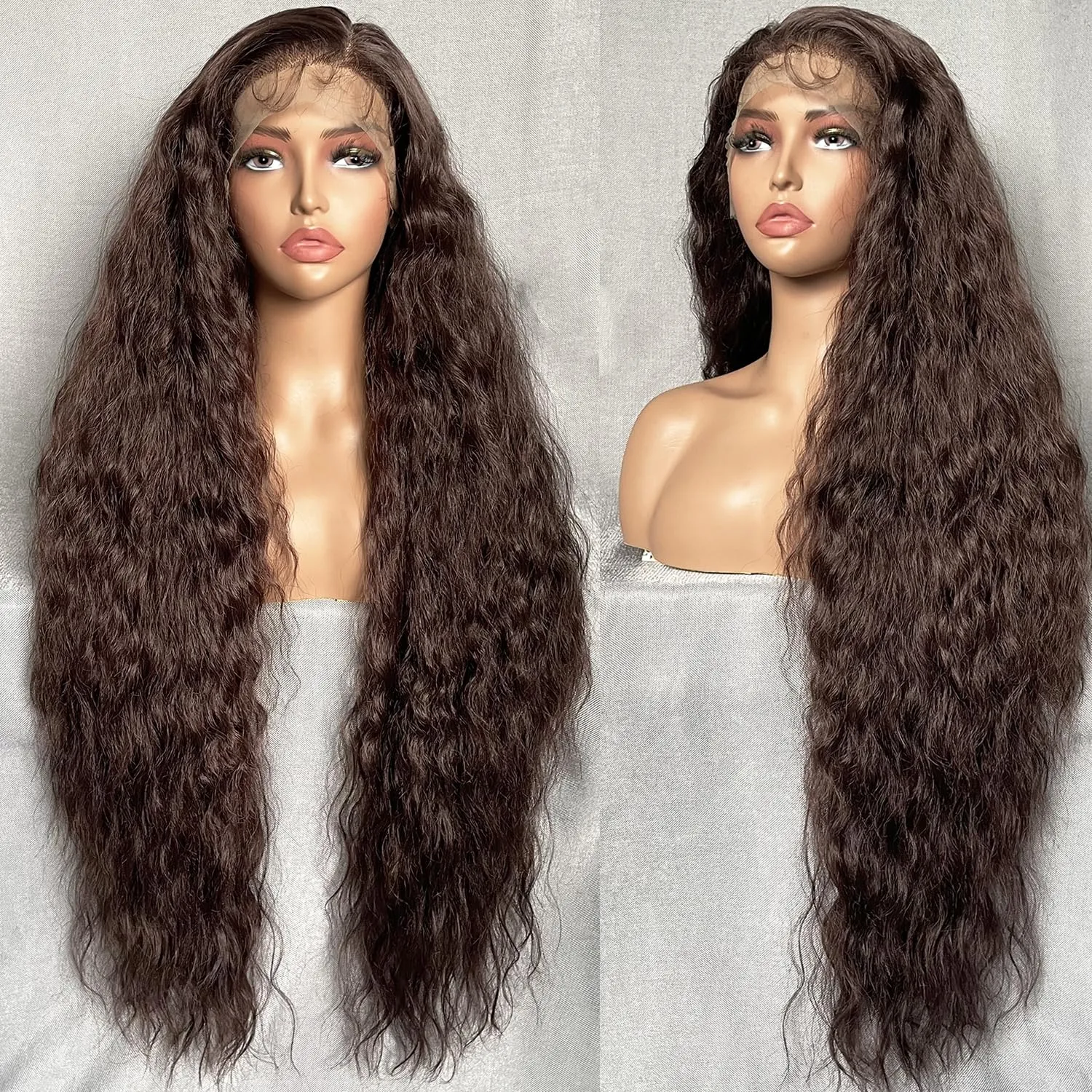 26inch Premium Quality human hair lace front wigs Wavy Brown Simulation Human Hair Wig for Women - Non-Glue Application