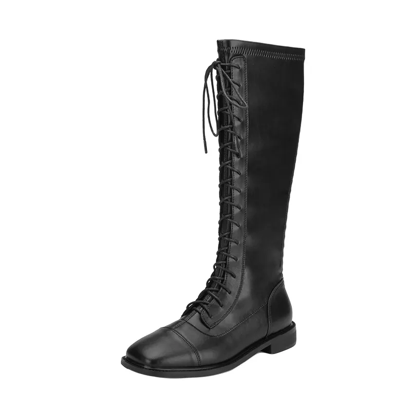 Antumn Winter Lace Up Long Boots Women Designer Low Heel Motorcycle Booties Square Toe Soft Leather Knee High Botas Plush