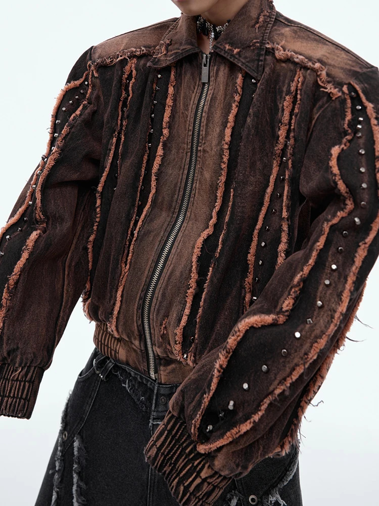 LUZHEN rivet metal decoration burr patch work n denim jacket personalized fashion street mens wear LZ4729 241007