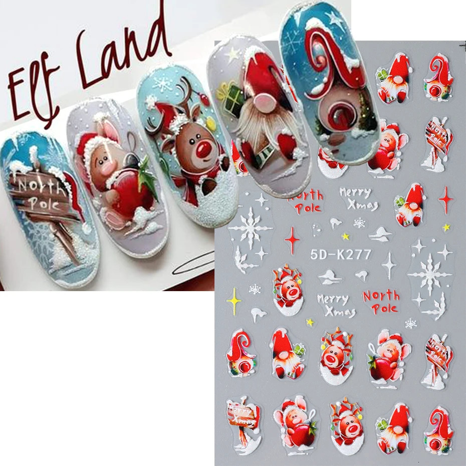 5D Holly Orange Christmas Nail Stickers Winter Snowflake Moon Cartoon Santa Claus Elk Year Nail Stickers Decoration 241008