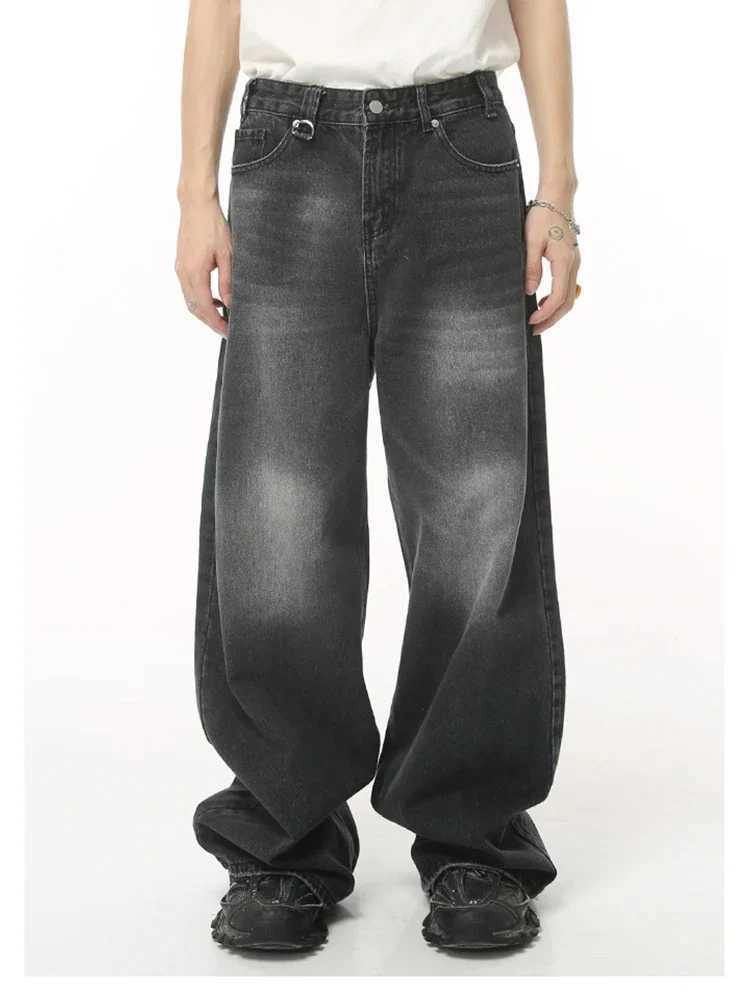 Street Fashion American Retro Black Gray Denim Pants New Trendy Denim Zipper Wide Leg Loose Straight Leg PantsX241009