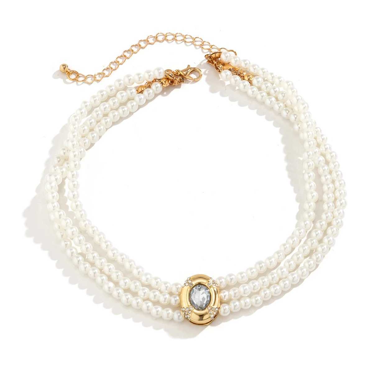 IngeSight.Z Vintage Multi-layer Imitation Pearls Choker Necklaces Women Luxury Oval Rhinestones Necklace Wedding Party JewelryX241009