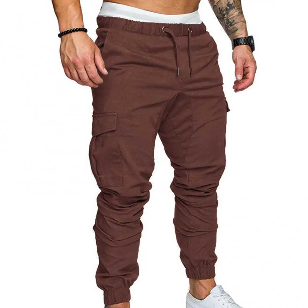 Mens Tight Cargo Pants Solid Color Pocket Drawstring Ankle Tie Sports Running Pants Fitness Training Pants Mens Clothing W241009
