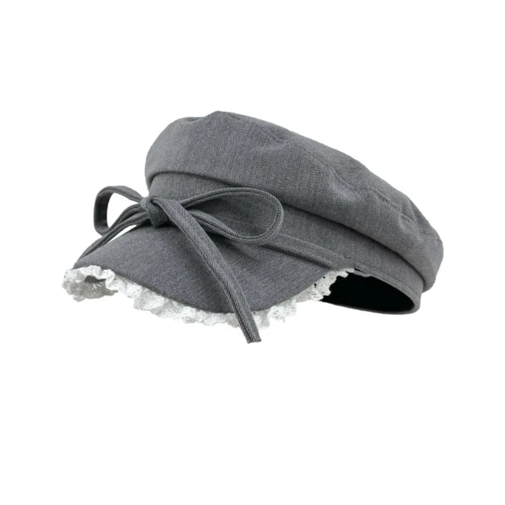 Bow lace trimmed beret showcasing mini facial features sun protection octagonal hat highquality Korean style s boy Versatile 241009