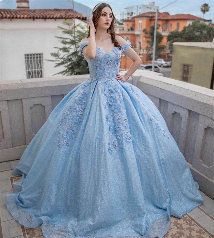 Glitter Light Blue Quinceanera Dresses With 3D Florals Sparkly Beaded Vestidos De 15 Xv Anos Elegant Charro Sweet 16 Formal Gown Vestido De Debutante 