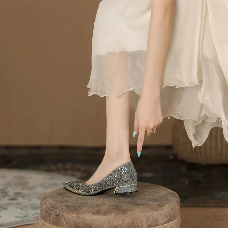 Woman Trafa Shoes Crystal Pumps Low Heeled Party Bride Wedding Shoes Female Sequin Loafers Ladies Dress High Heels 240927