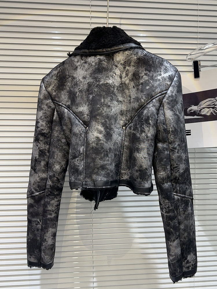 DEAT Vintage Women's Tie Dye Fur Turn-Down Collar PU Leather Coat 2023 Winter Fashion Long Sleeves Zipper Jacket Female 11Xx6973
