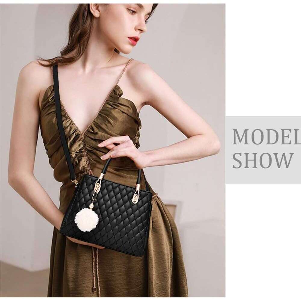 Womens Leather Handbags Purses Top-handle Totes Satchel Shoulder Bag for Ladies with Pompon