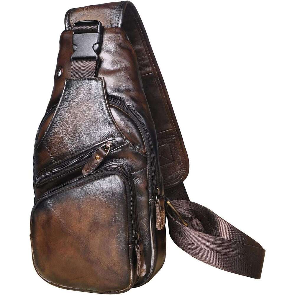 Fashion Casual Tea Travel Hiking Crossbody Chest Sg Rig One Shoulder Strap Bag Men Leather 8015