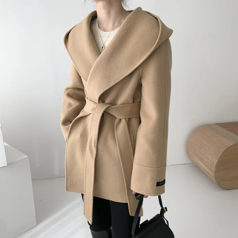 Elegant Wool Blends Coat Korean Black Hooded Woolen Jackets Ladies Fashion Bandage Overcoat Winter Commute Outerwears 241008