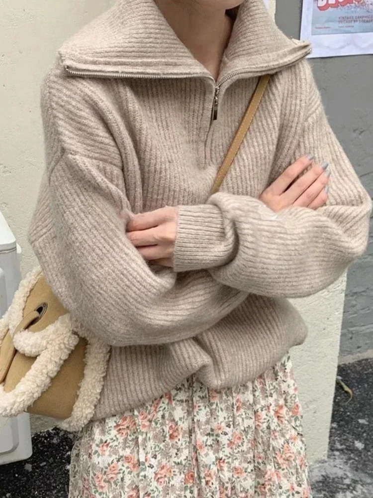 Womens turtle neck zipper fashionable womens sweater solid loose pull long sleeved casual knitted winter 241007