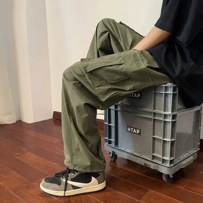 Military green Amei Kao mens cargo pants summer Japanese style oversized retro heavy-duty straight leg casual pants W241009