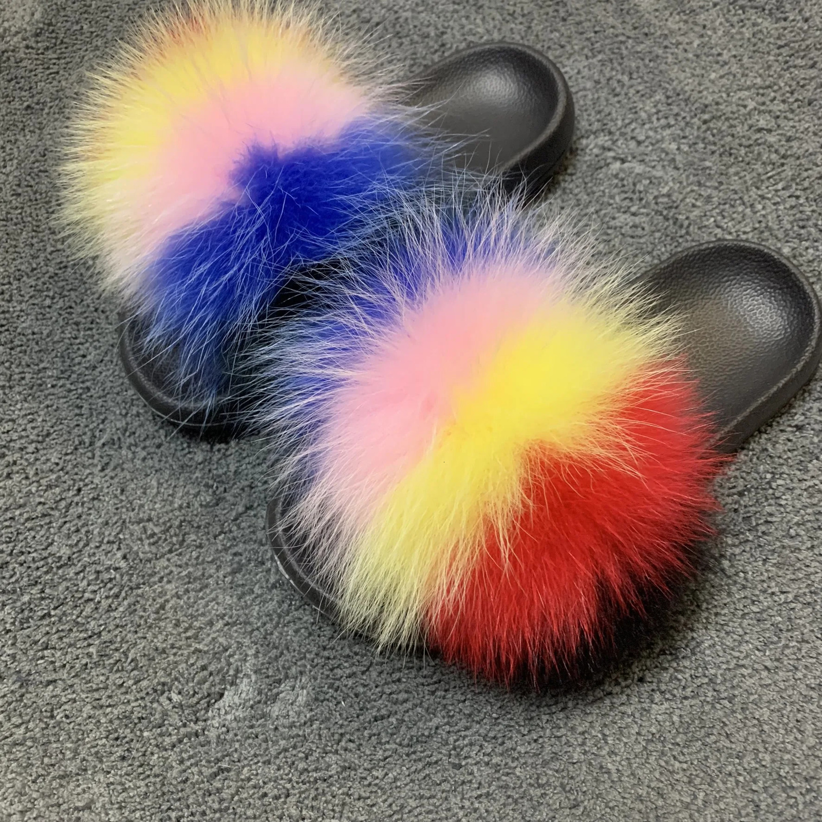 Summer Women Fur Slippers Fluffy Raccoon Fur Slides Furry Fox Fur Sandals Wholesale Cute Flat Home Shoes Flip-Flop Dropship 240927