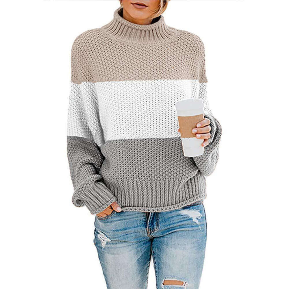 2024 autumn and winter new knitted sweater womens thick thread color blocked high neck pullover