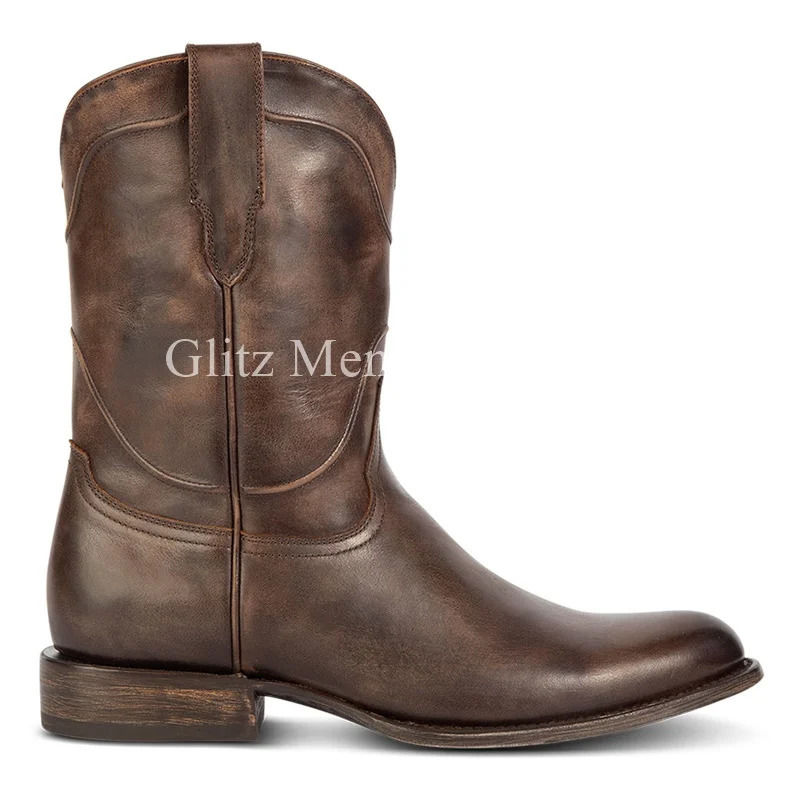 Western Cowboy Chelsea Boots Retro Mid calf Boots Corner Toe Classic Shoes Genuine Leather Worker Winter Mens Boots 240923