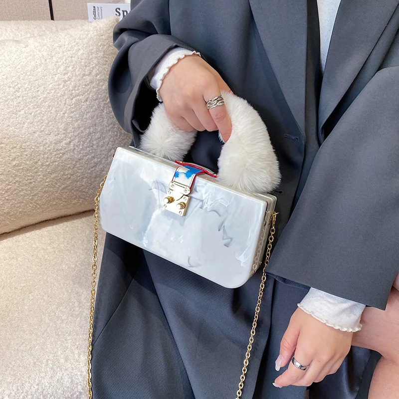 Artificial fur top handle acrylic party box clutch fashion wallet and handbag female er evening bag chain shoulder bag 241008