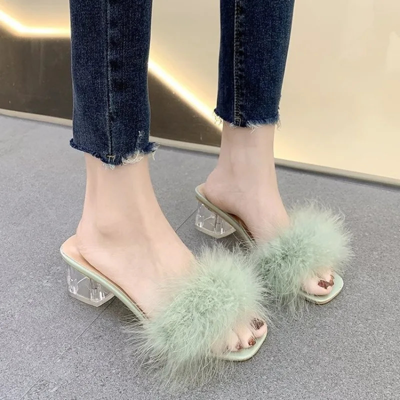 Mules Sandal Women Summer Outdoor Fashion Slippers Square Toe High Heels Office Ladies Feather Slides Chic Classics Furry Shoes 240927