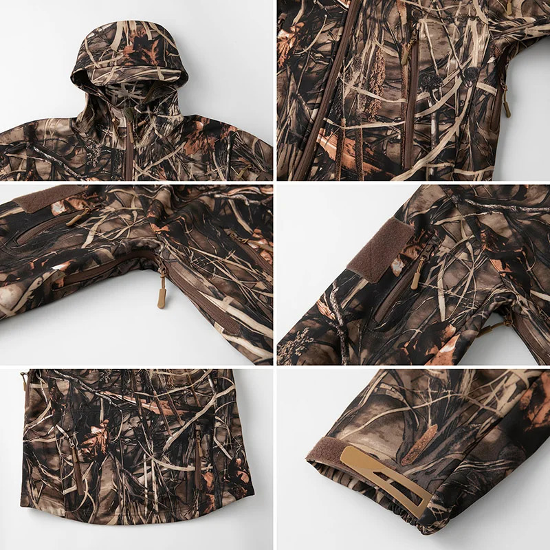 Mens silent soft shell camouflage tactical jacket waterproof and warm wool hunting jacket outdoor hiking and fishing hooded jacket 241009