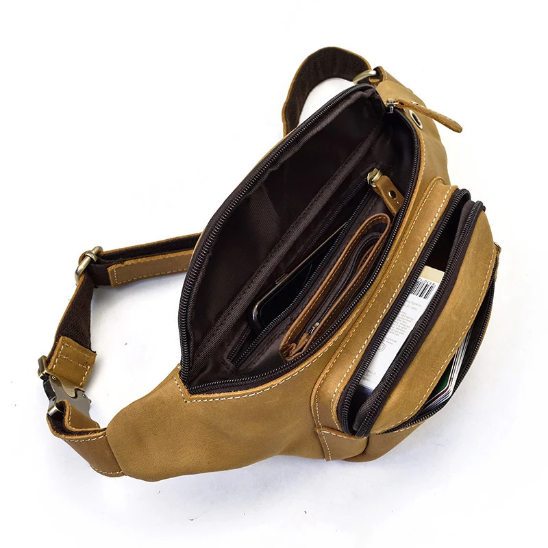 Leather mens multifunctional waist bag denim fun chest bag high-quality mens mini shoulder cross bag mobile phone bag 241008