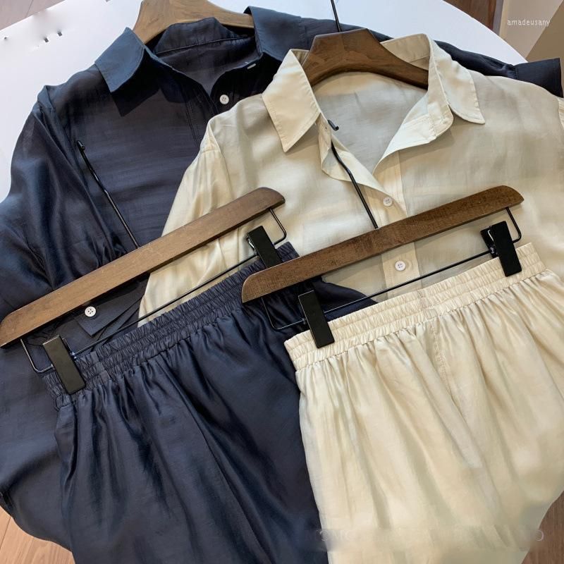 Womens Tracksuits 2023 Fashion Women Summer Thin Shirts And Shorts Sets Solid Loose Casual Button Blouse Suit Two Piece Set For Outfit Otzri