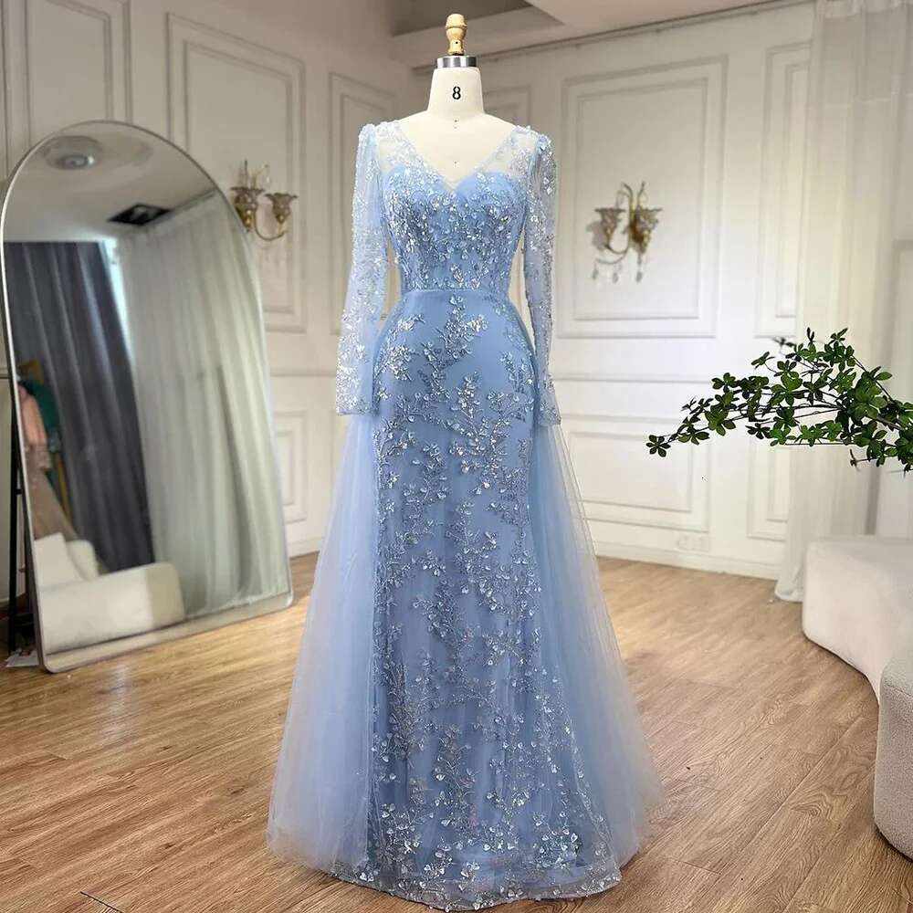 Blue Long sleeved Slim Fit Sexy Mermaid Fishtail Evening Women's Gorgeous Elegant Formal Party Dress 2024