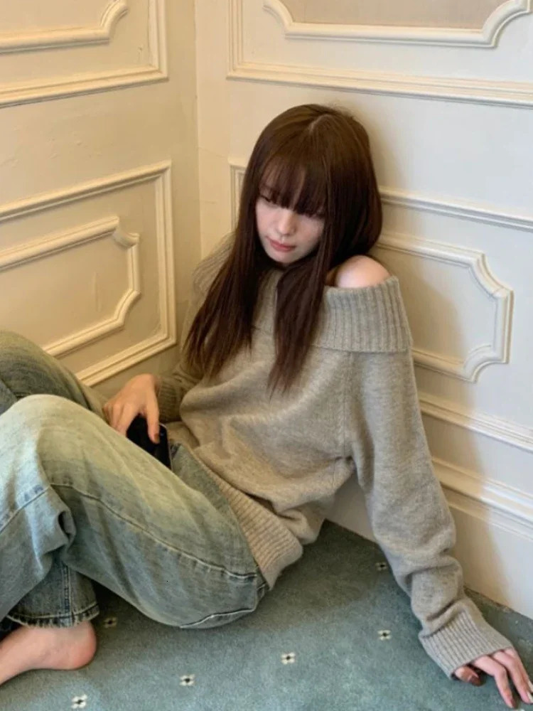 Deeptown Y2K Retro Shoulder Knitted Sweater Harajuku Womens Grunge Oversized Parachute Korean Coquette Slant Neck Pullover Top 241007