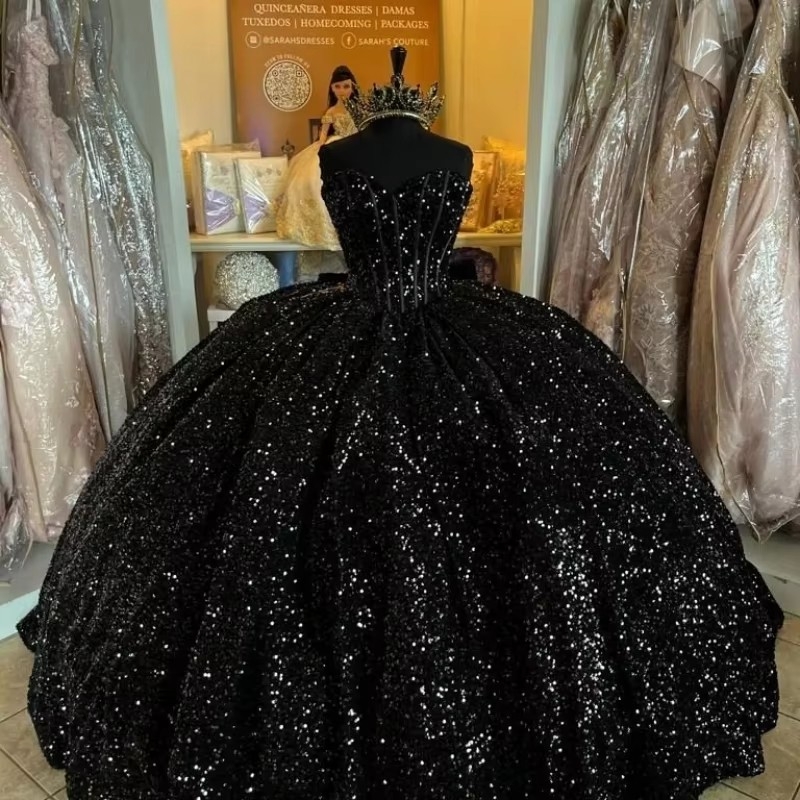Black Shiny Sweetheart Quinceanera Dresses Off Shoulder Sequined Beads Chapel Train Corset Party Birthday Vestido De 15 Anos Sweet 16 Dress