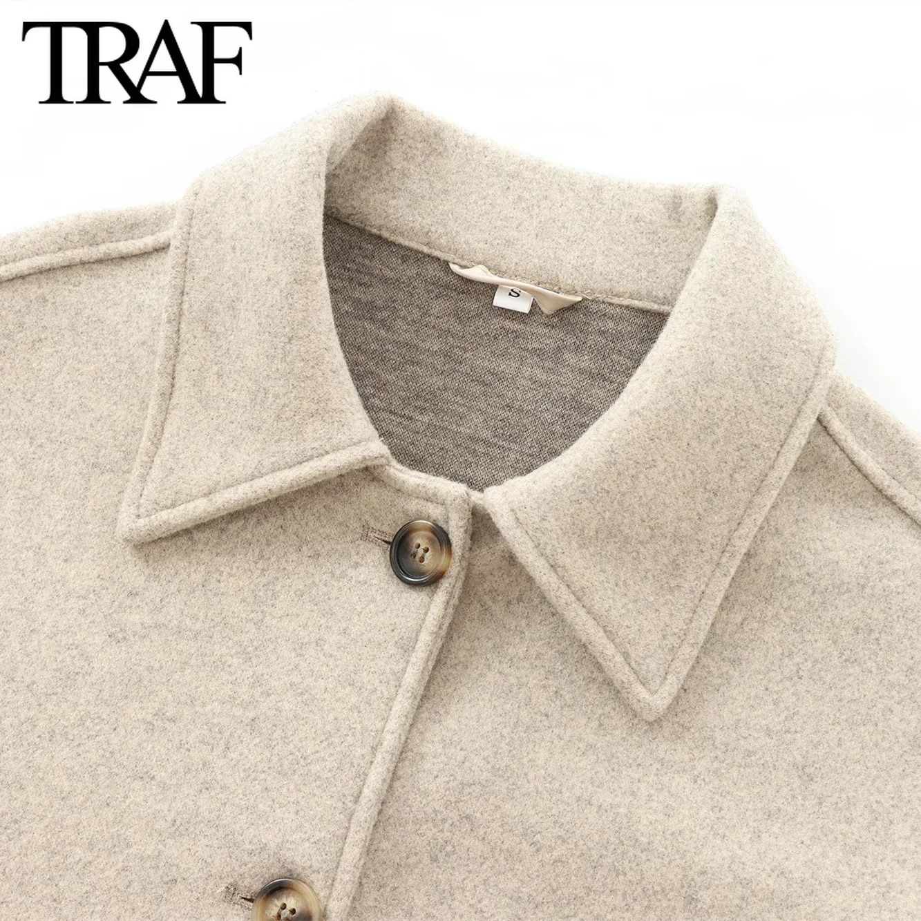 TRAF Women Fashion Autumn Winter Pocket Loose Coat Jacket Long Sleeved Single Breasted Lapel Coats Chic Ladies Tops Mujer 240930