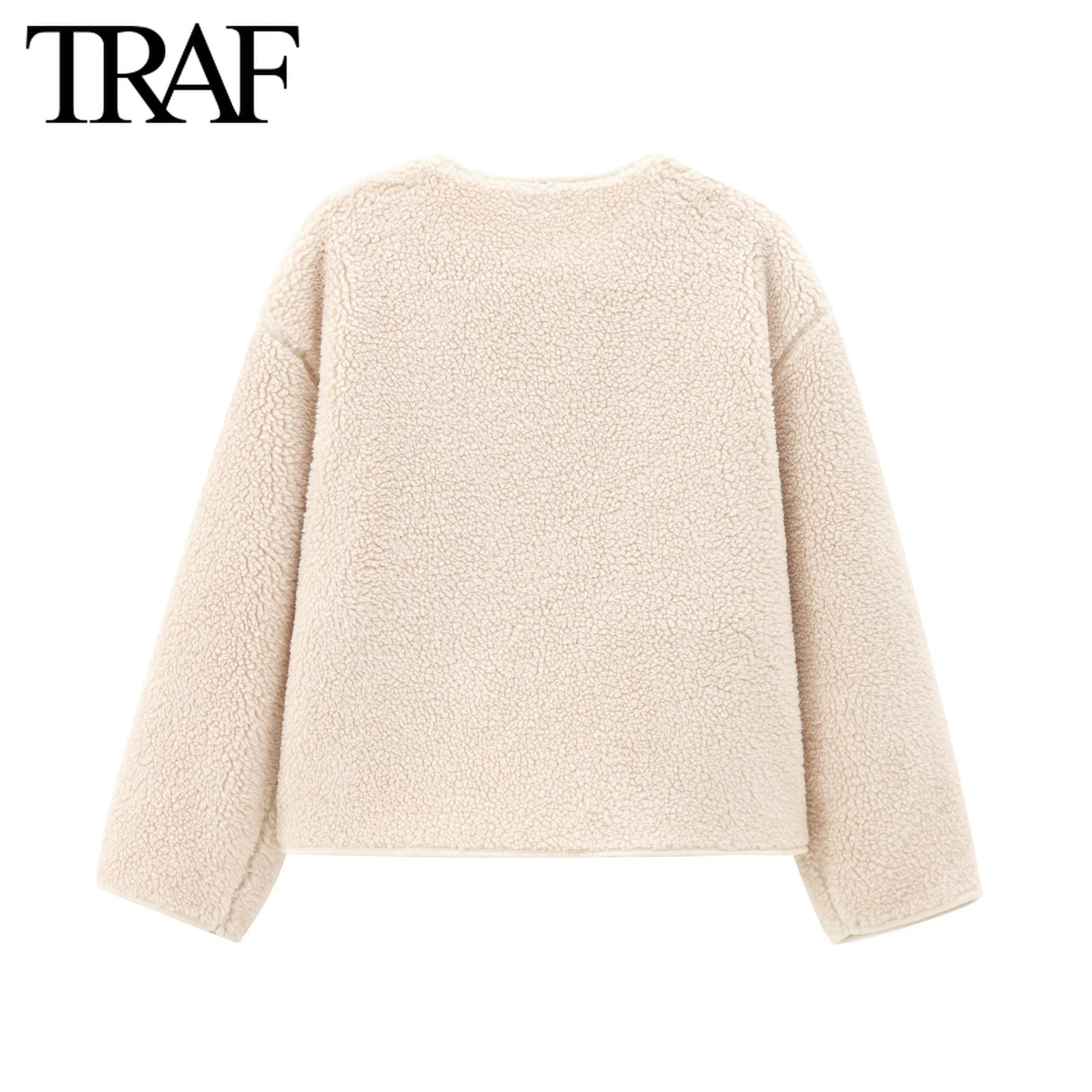 TRAF Women Fashion Autumn Winter Coat Jacket Long Sleeved Single Breasted Round Neck Fleece Coats Chic Ladies Tops Mujer 240930