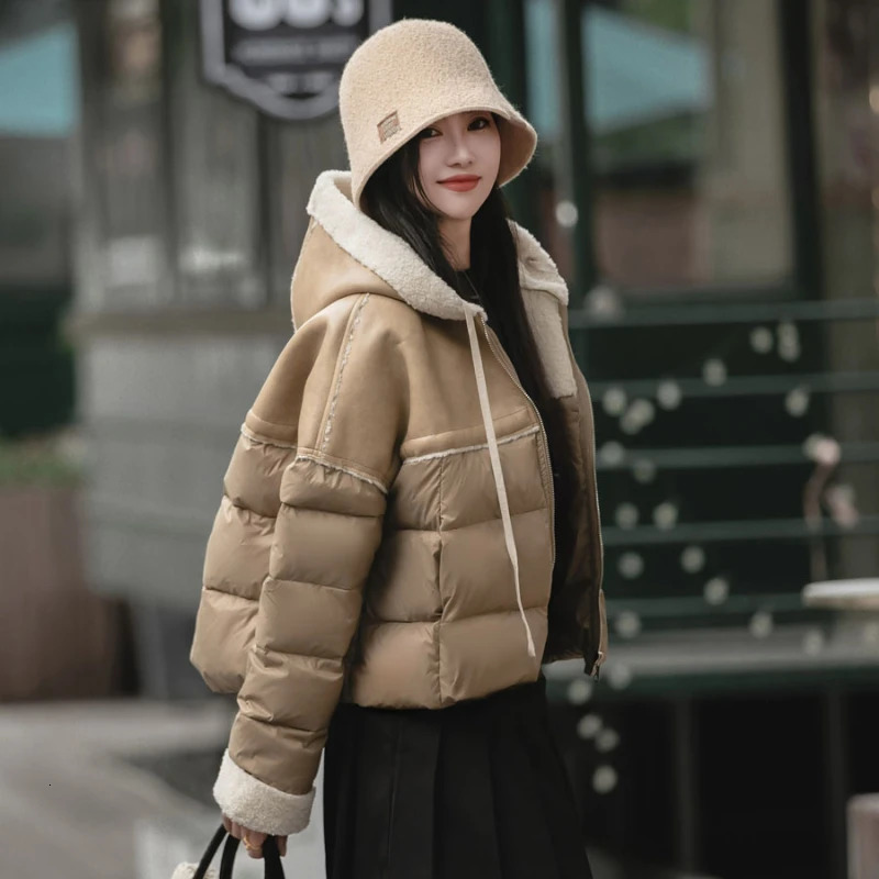 Winter womens jacket PU leather Lambswool patch work white duck down fashionable thick warm jacket loose with hood jacket 241009