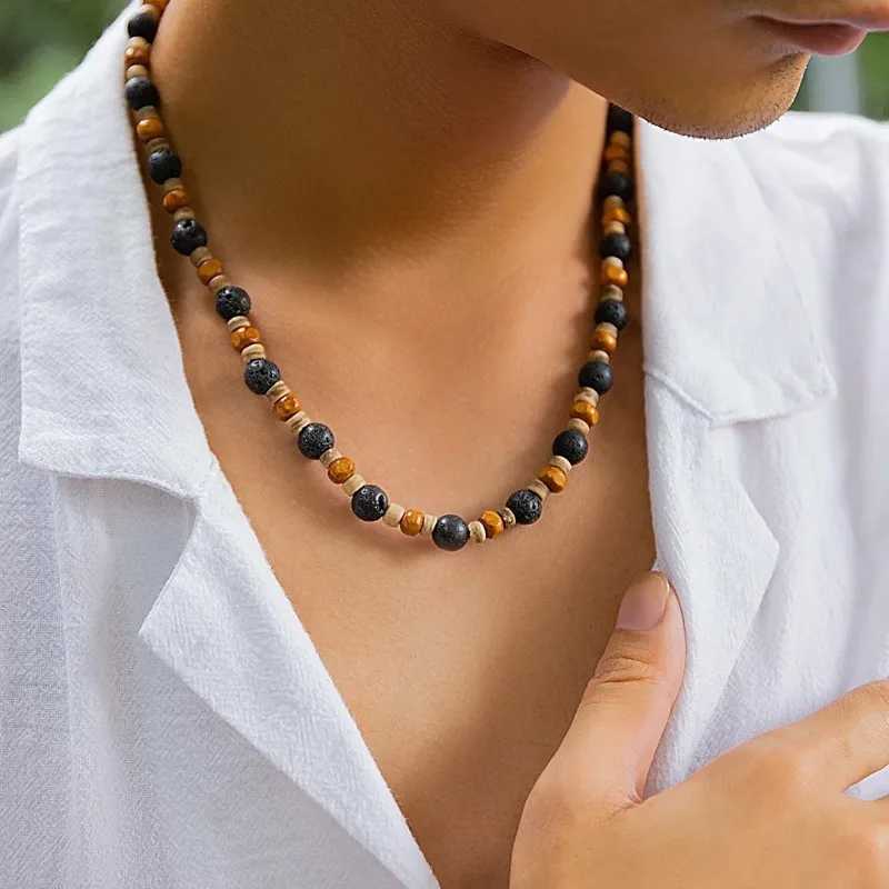 Stone and Wood Beaded Short Choker Necklace for Men Trendy Small Beads Collar Fashion Jewelry on Neck Accessories Male GiftX241010