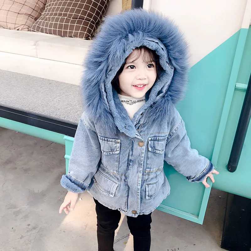 Down Coat Winter Baby Denim Jacket with Fur Warmth for Preschool Girls Plush Denim Jacket Cotton 1-5 Year Old Baby Girls Parka H241010