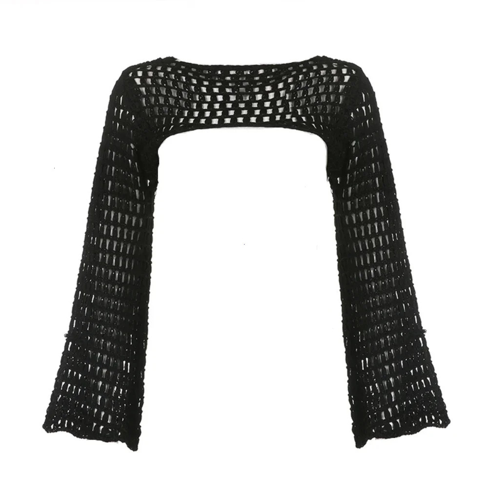 Women Y2k Crochet Knit Hollow Out Crop Top Long Flared Sleeve Shrug Sweater Mesh Cover Ups Cardigan Streetwear Pullover 241010