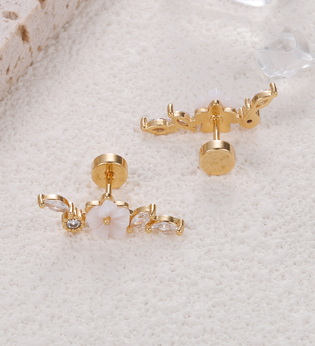 TUPMI 20G Cartilage Earrings for Women 14K Gold Stainless Steel Flat Back Cartilage Stud Earrings for Sensitive Ear Leaf Opal CZ Handmade Helix Conch 