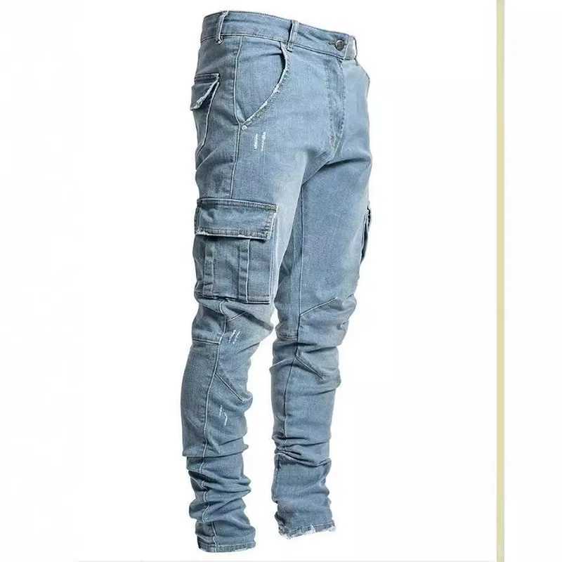 Stylish Tide Brand Men Cargo Narrow Leg Denim Pants Elastic Slim Fit Jeans Solid Color Multi Pockets Casual Skinny Male TrousersX241009