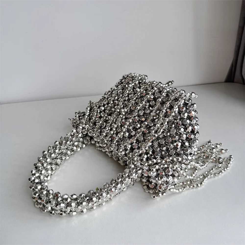 Handmade Silver Beaded Bags for Women Handbags Tassel Fashion Trend Beach Vacation Beading Phone Clutch Party 241010
