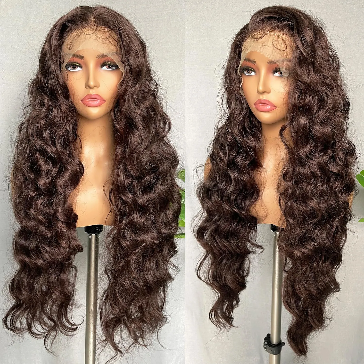 26inch Premium Quality human hair lace front wigs Wavy Brown Simulation Human Hair Wig for Women - Non-Glue Application