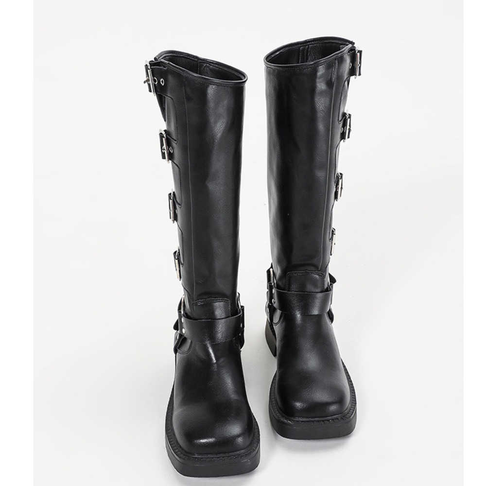 Heeled Thigh High Heel Boots For Women The Knee Fashion Boots Autumn Winter Metal Leather Martin Boots Buckle Western Knight Boots 240826