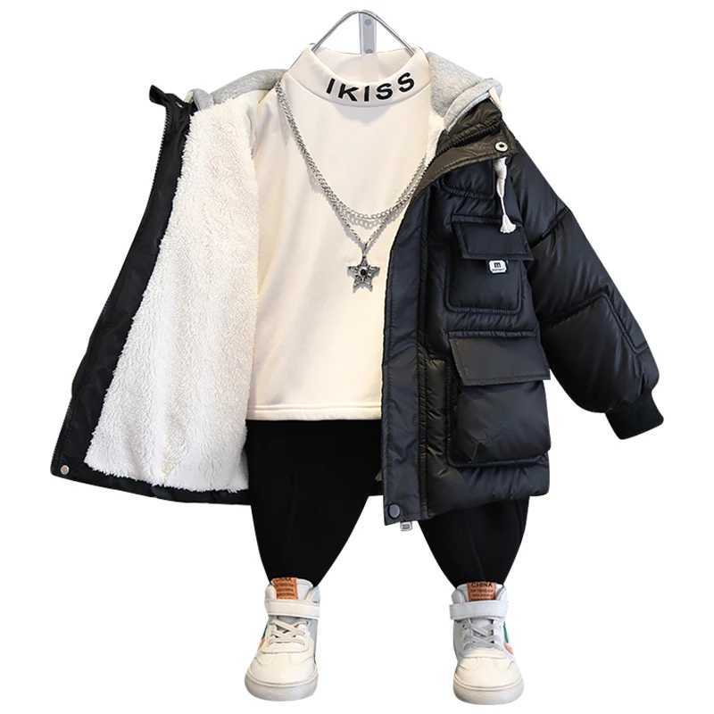 Down Coat Childrens Winter Warm Thick Plus Velvet Jacket Youth Hoodie Parka Boys Clothing Casual 2-14 Years H241010