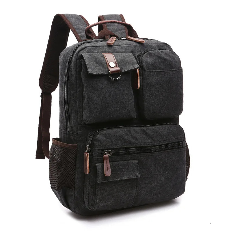 Mens large capacity backpack fashionable canvas casual bag computer travel multiple pockets 241008