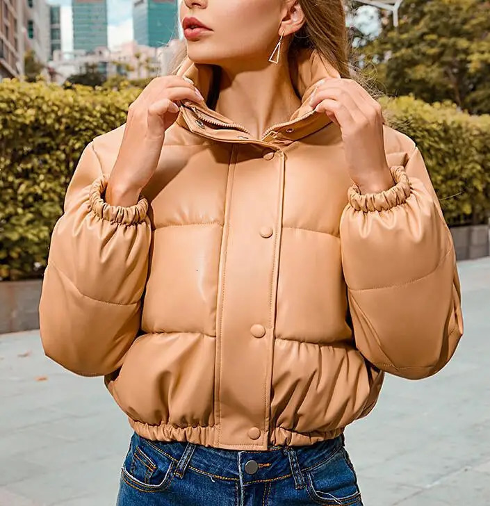 Padded Lady DownJacket Winter Warm Thick PU Leather Coat Short Parka Fashion Cotton 240930