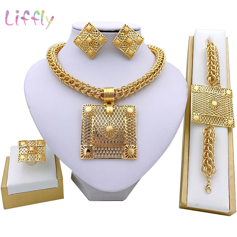 Gold African Womens Jewelry Set Necklace Nigerian Bridal Wedding Jewelry Bracelet Earrings Ring 240927