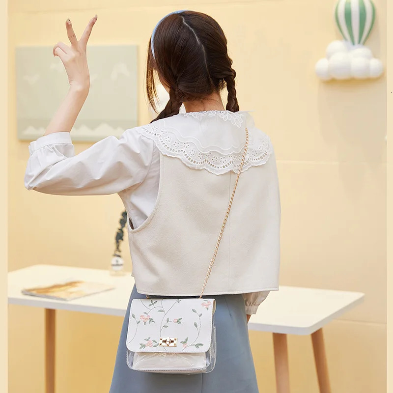 Vintage embroidery color matching transparent mother and baby chain small square bag 241008
