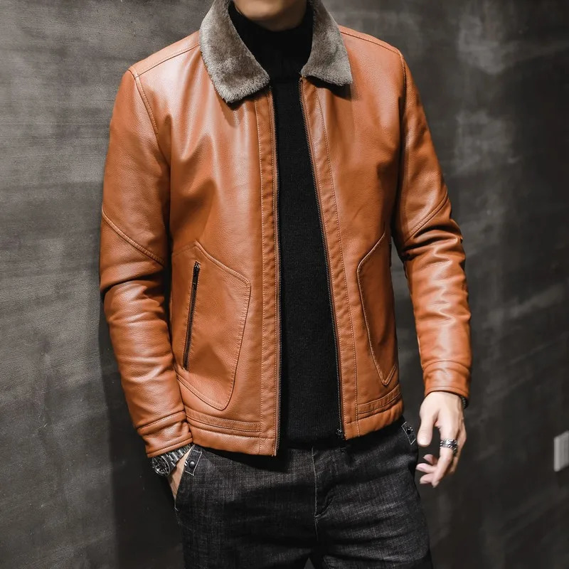 Winter leather jacket mens fashionable lapel plush thick fur casual mens leather jacket fashionable jacket 241010